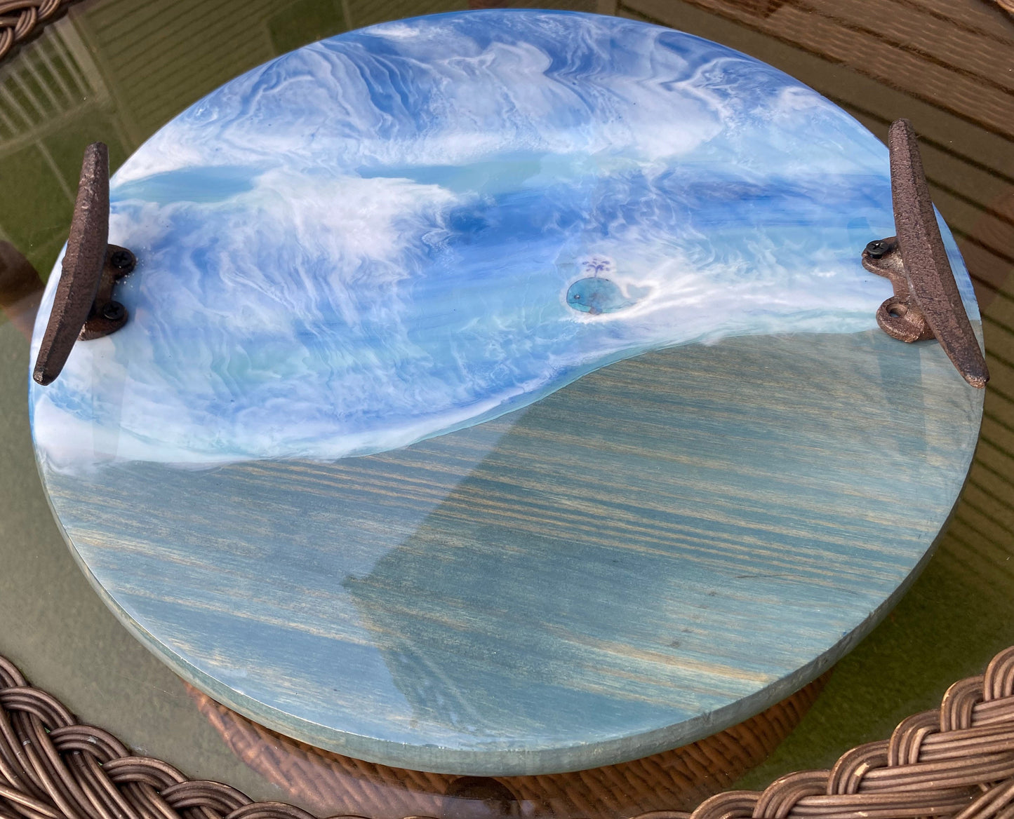 Whale Resin Ocean With Boat Clear Handles Lazy Susan