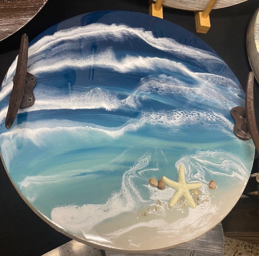 Beach, Starfish, Seashell, Resin Ocean, Lazy Susan With Boat Cleat Handles.