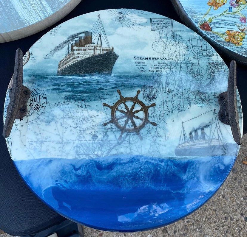 Nautical Map, Steam Ship, boat, Resin Ocean, Lazy Susan With Boat Cleat Handles.